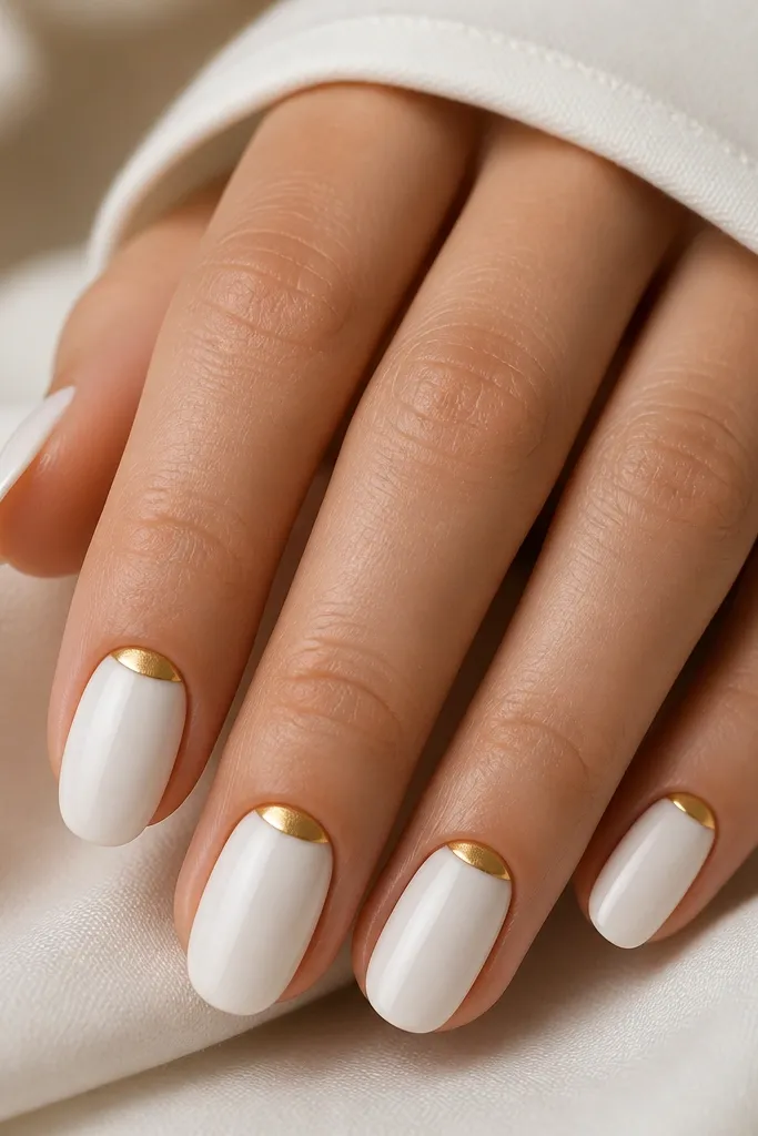 Five nails in milky white. On each nail, a crisp gold half-moon sits at the cuticle line, like a tiny warm crescent. The gold is metallic and glossy; the rest of the nail is clean and smooth.