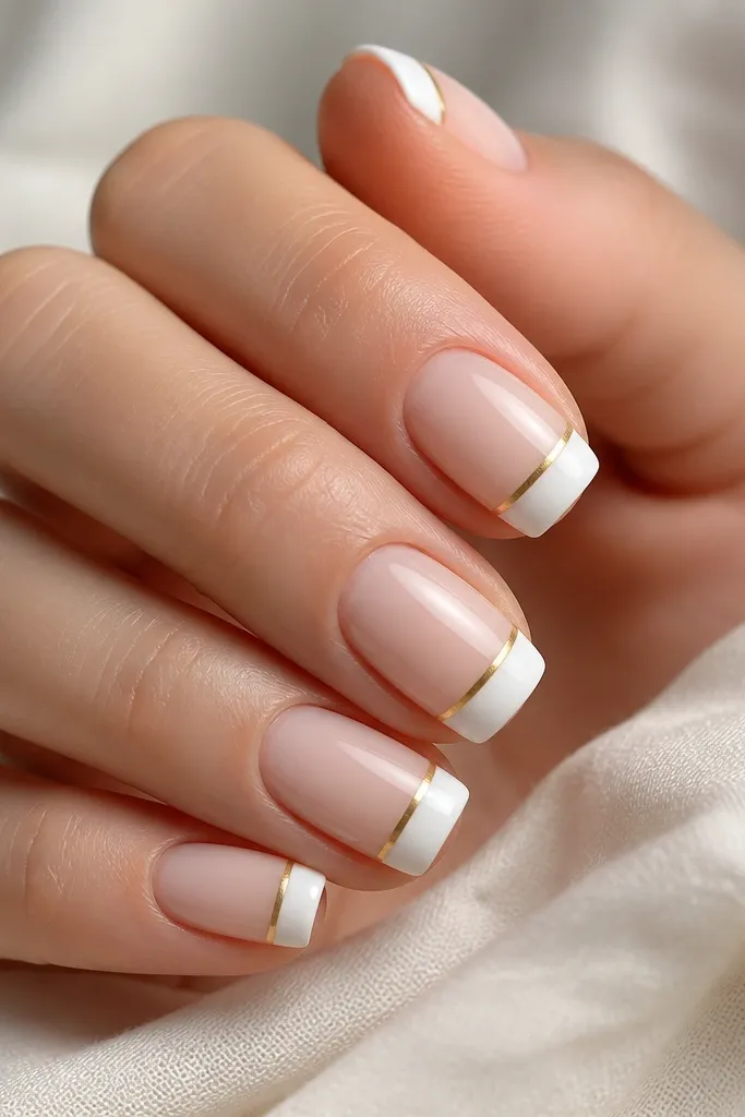 A classic French manicure with milky white tips. Between the white tip edge and the nude/milky base, there's a super thin metallic gold stripe running horizontally on each nail. The gold stripe is straight and reflective; the rest is matte-smooth white.
