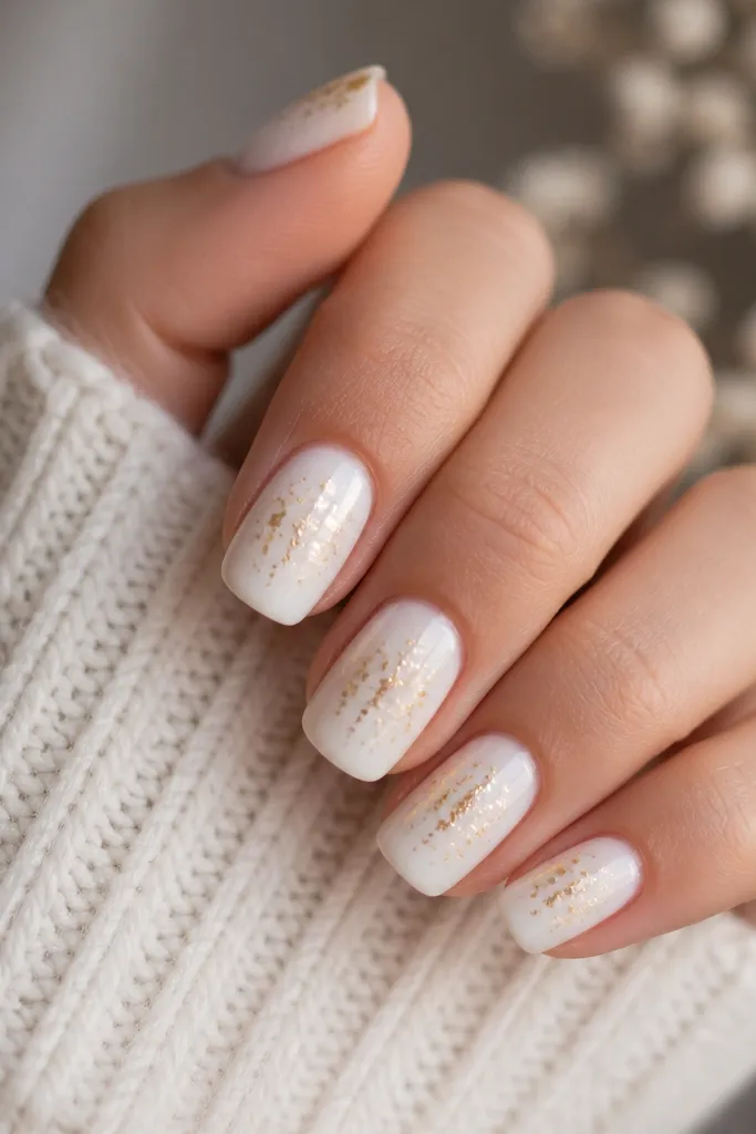 Nails are solid milky white. Over the top are scattered tiny gold leaf flakes, concentrated near the center and fading out toward the edges like falling snow. The flakes vary in size and catch light.