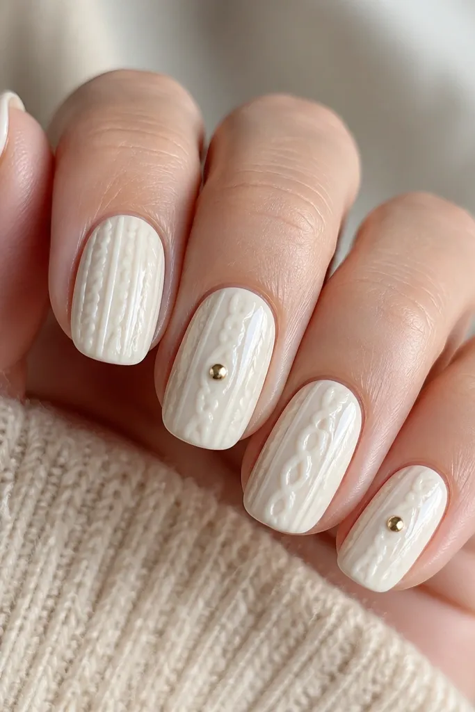 A creamy white manicure with raised-looking cable knit lines drawn vertically and diagonally. On two accent nails, there's a single small metallic gold dot near the center, like a button. The lines look slightly 3D under glossy topcoat.