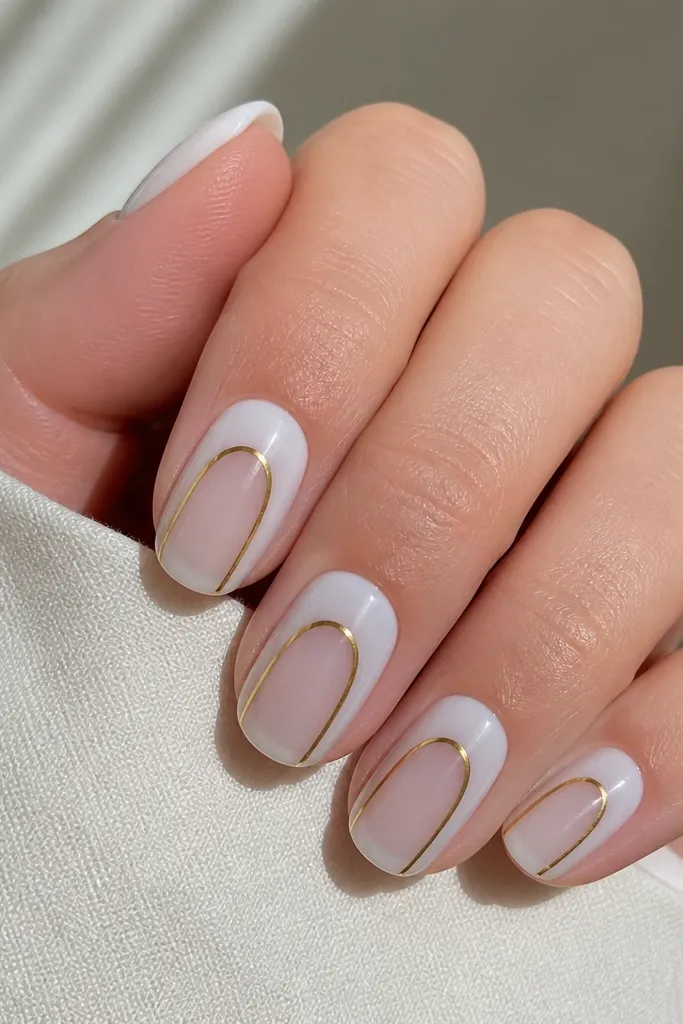 The nails have a milky white base with a clear negative-space arch shape in the center. The arch is outlined with a warm gold metallic line, and the gold sits cleanly against the white. The rest of the nail is minimal and glossy.