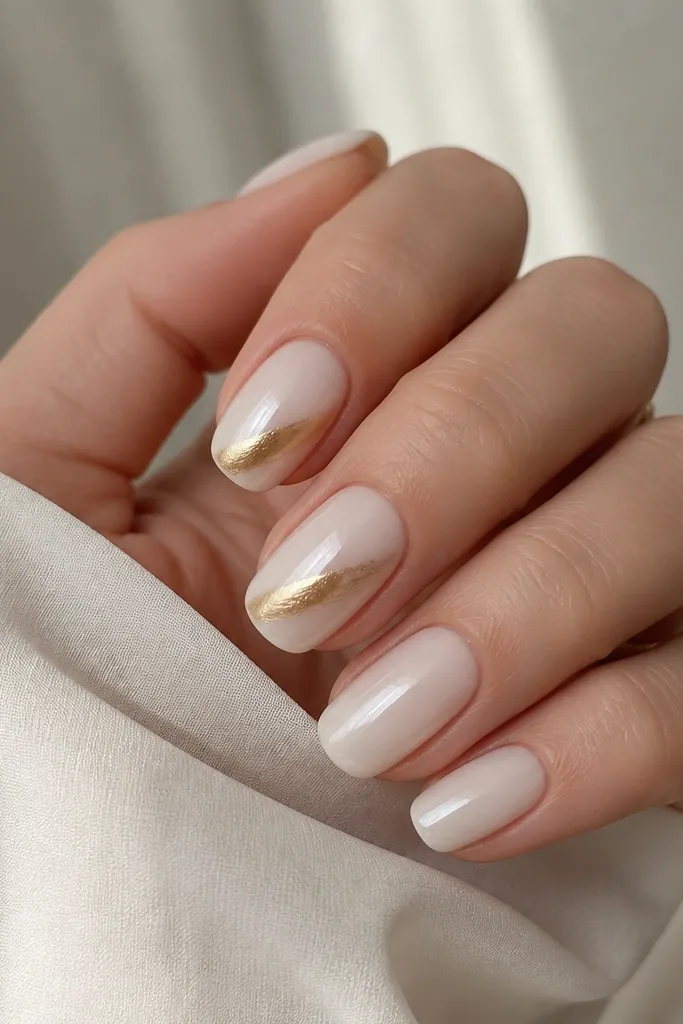 A milky white manicure with a diagonal gold chrome sweep across the nail, from lower left to upper right. The chrome is reflective and mirror-like, with a soft edge fade into the white. The rest of the nails are plain milky white.