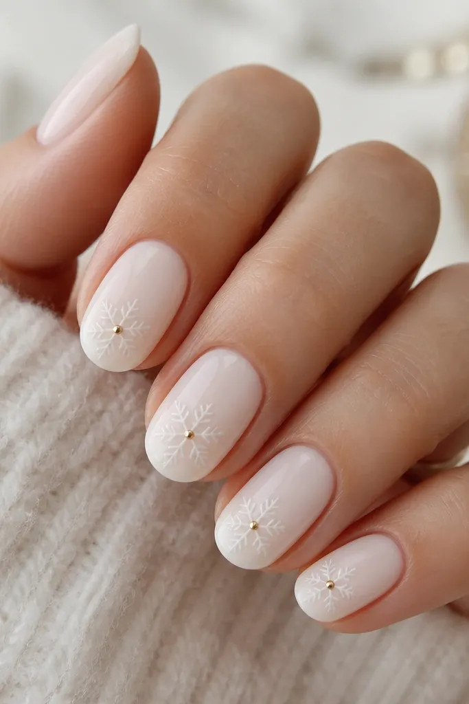 Most nails are milky white. On each, a stamped snowflake pattern sits near the tip area in white-on-white or slightly raised contrast. On each snowflake, the center has a tiny metallic gold dot, glossy and reflective.