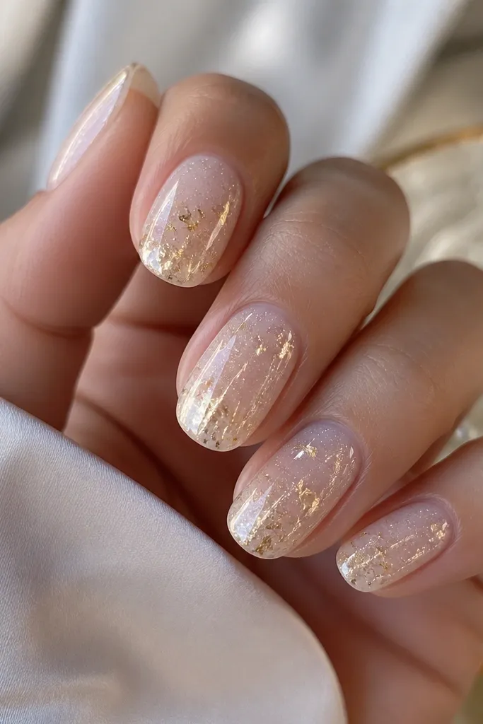 Nails start with a sheer white glitter base that sparkles softly. Over it, scattered pieces of gold foil sit like confetti, mostly toward the center and near the tips. The overall look is glossy and twinkly.