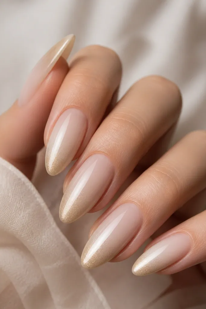 A milky white ombré that starts at the tip and fades downward into a sheer nude base. On the tip edge, there's a warm gold fade that blends into the white, like a champagne gradient. The finish is glossy.