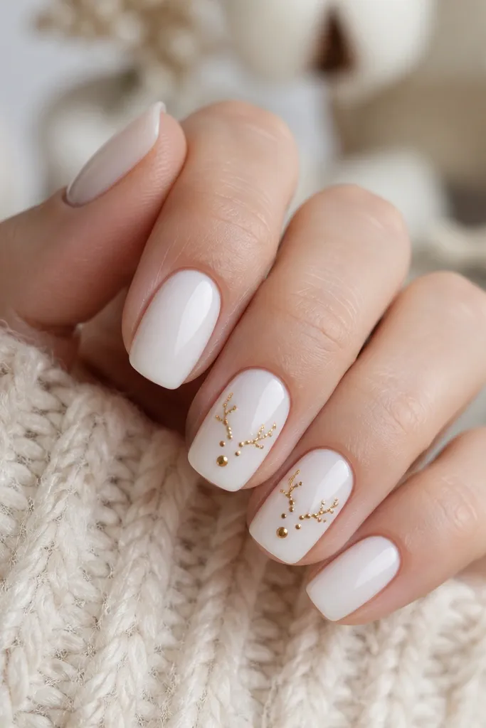Milky white nails. On two accent nails, there are simple gold dotted antler lines near the top half of the nail, with a small gold dot for the head area. The dots are evenly spaced and glossy.
