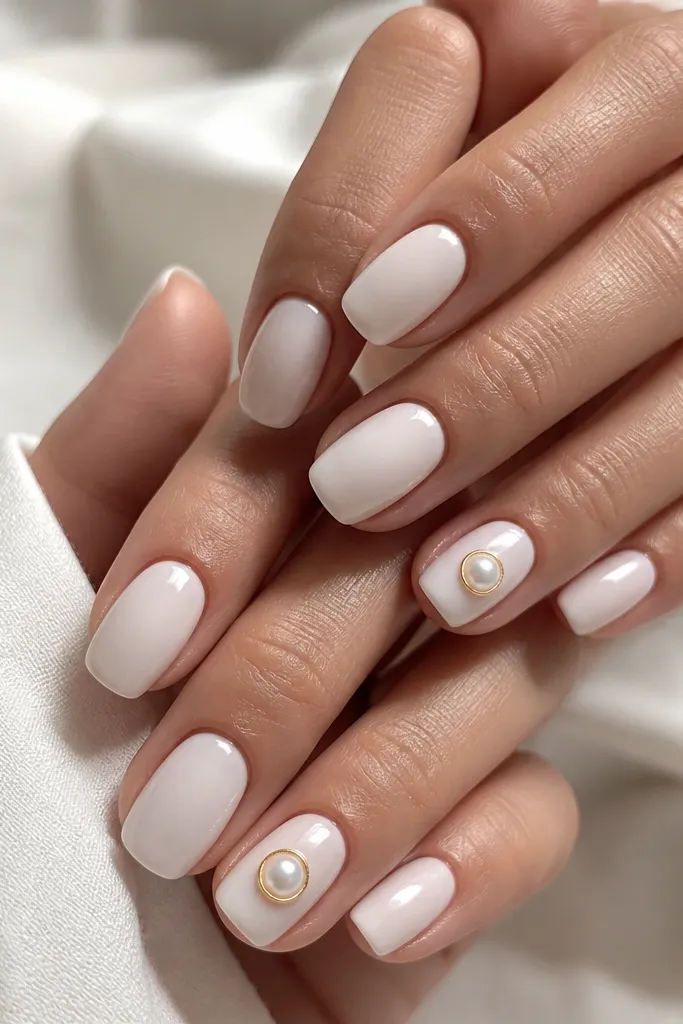 Milky white nails with one accent nail per hand. On the accent nail, a small raised pearl-like drop sits near the center, surrounded by a thin metallic gold halo. Everything is glossy with a smooth topcoat over the pearl.