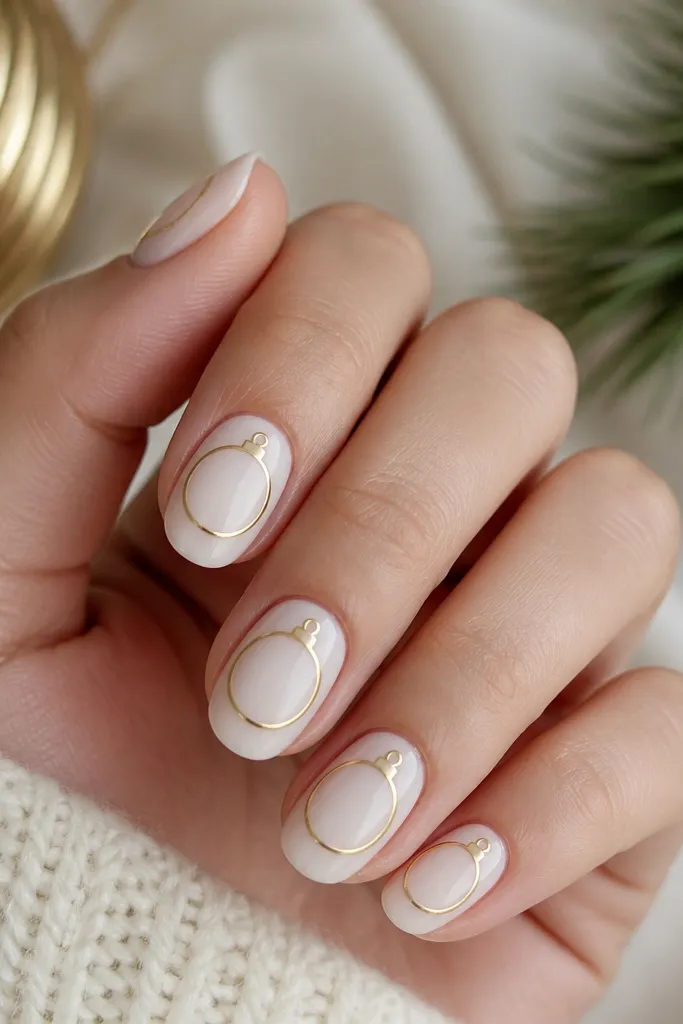 Nails have a milky white base with the very tip left slightly lighter/negative or sheer. On each nail, gold line art forms a simple ornament shape - a loop at the top and a rounded body. The lines are thin, and the gold is glossy.