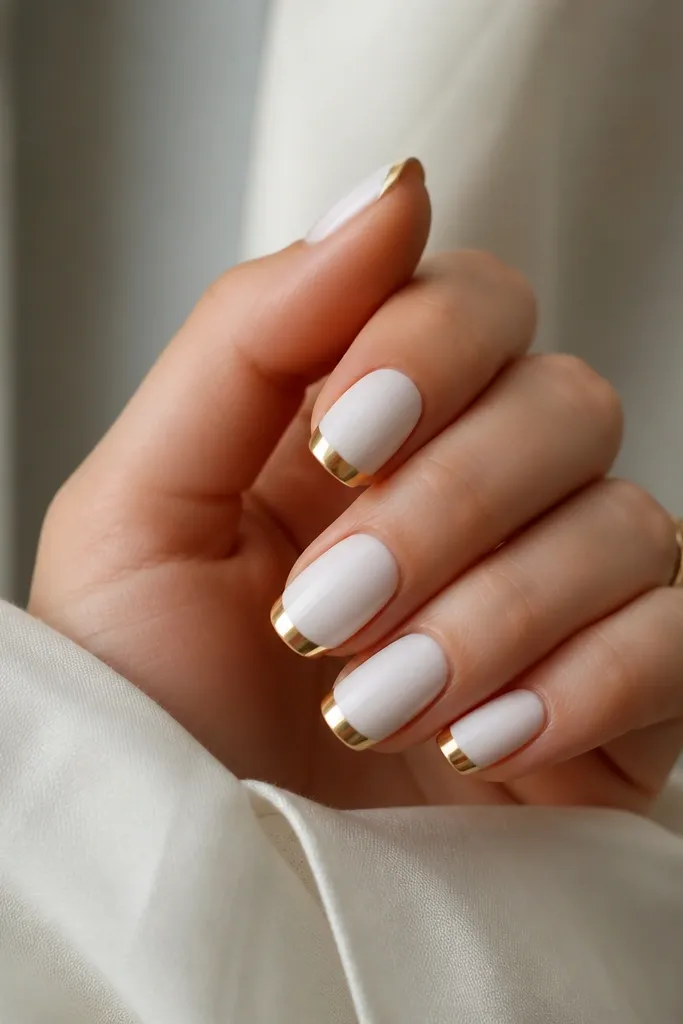 Nails are a soft matte white with a velvety finish. On the free edge, a thin strip of gold foil runs along the border like a metallic cuff. The gold is reflective against the matte background.