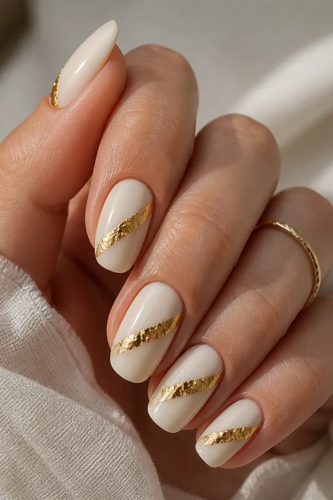 Milky white nails with a diagonal gold foil ribbon that crosses the nail like a sash. The ribbon has uneven edges from foil pieces and sits centered. The gold is glossy and reflective; the white is smooth and creamy.