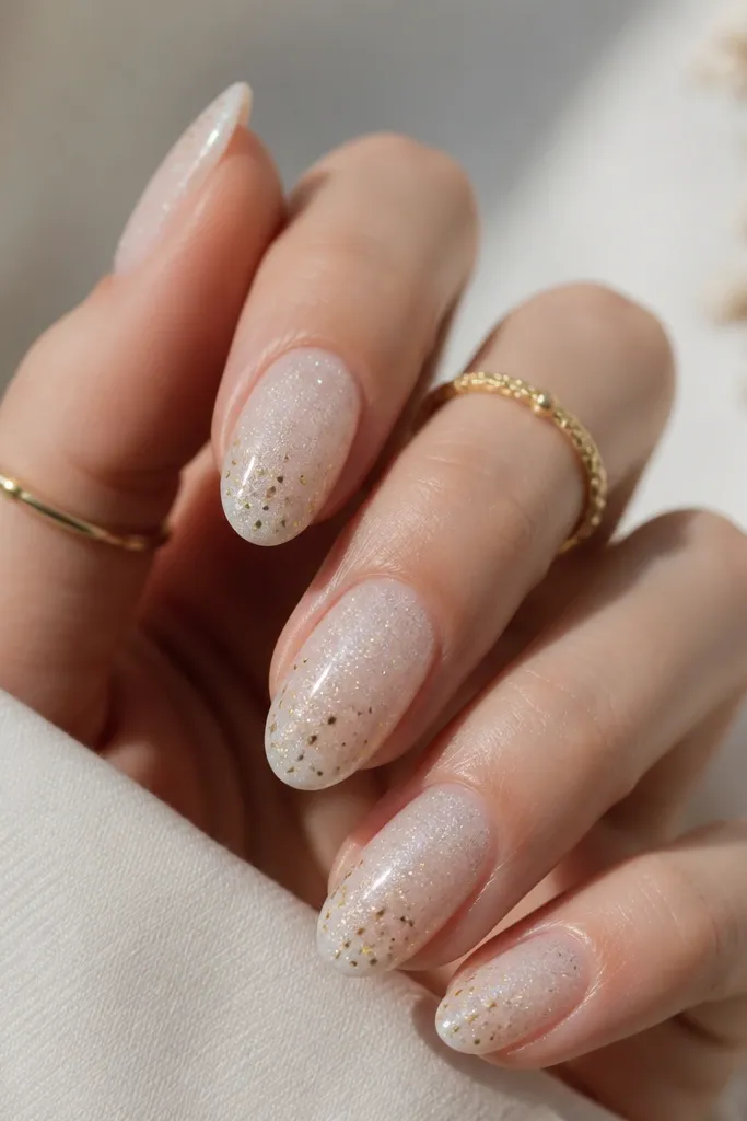 A sheer white glitter frost across the nails. Over the frost, there are tiny micro gold dots scattered in a loose pattern, concentrated near the tips. The dots are small, crisp, and glossy.
