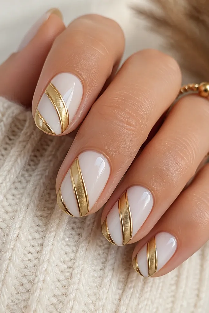 Each nail has a milky white base. Two angled candy cane stripes run diagonally in white, while gold gel fills the gaps like stained glass lines. The gold is glossy and outlines the diagonal shapes cleanly.