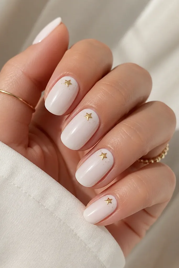 Milky white nails with a small gold star near the cuticle area on each finger. Some stars have tiny glitter highlights, but the main gold star is crisp and metallic. The rest of the nail is clean white with glossy shine.