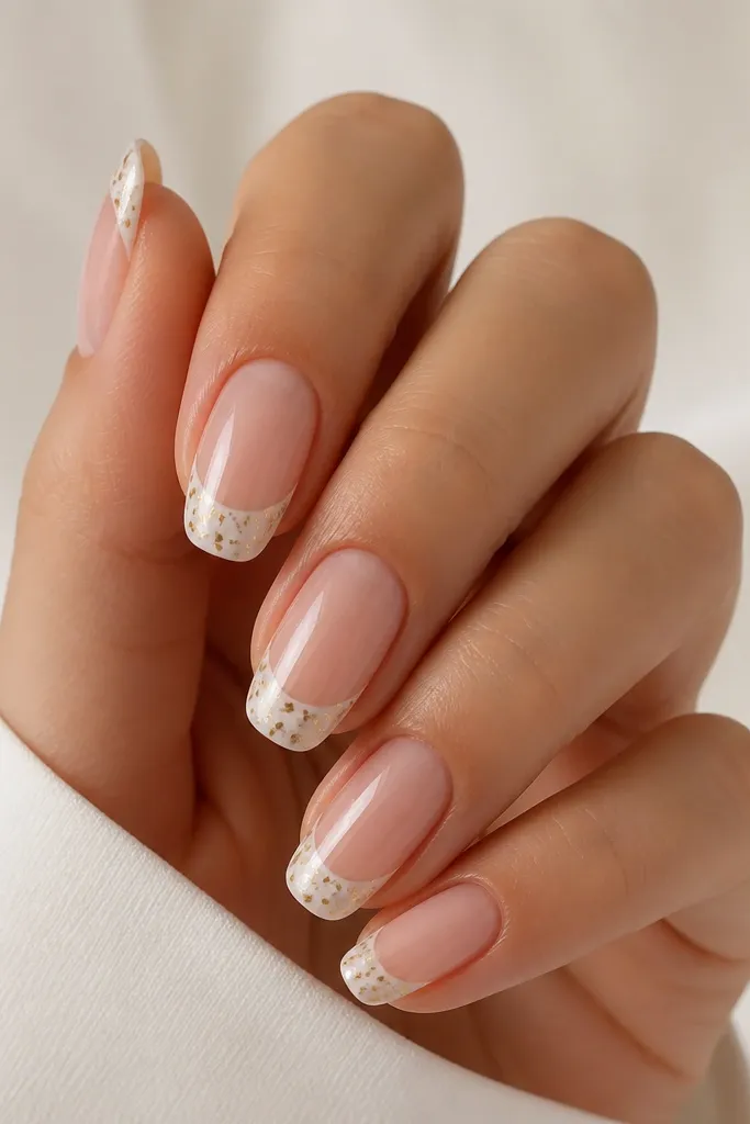 A clean milky white French tip on each nail. Inside the white tip area, there are tiny gold confetti pieces scattered like glitter paper. The base is sheer and natural, and the gold pieces look embedded under glossy topcoat.