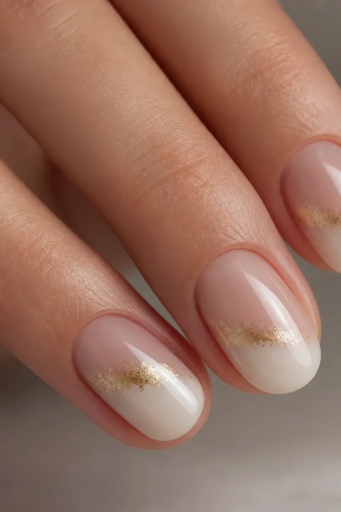 Half the nail is milky white and the other half is sheer nude. On the boundary, a gold foil smudge sits like a soft brushstroke across the line. The gold looks blended and slightly irregular.