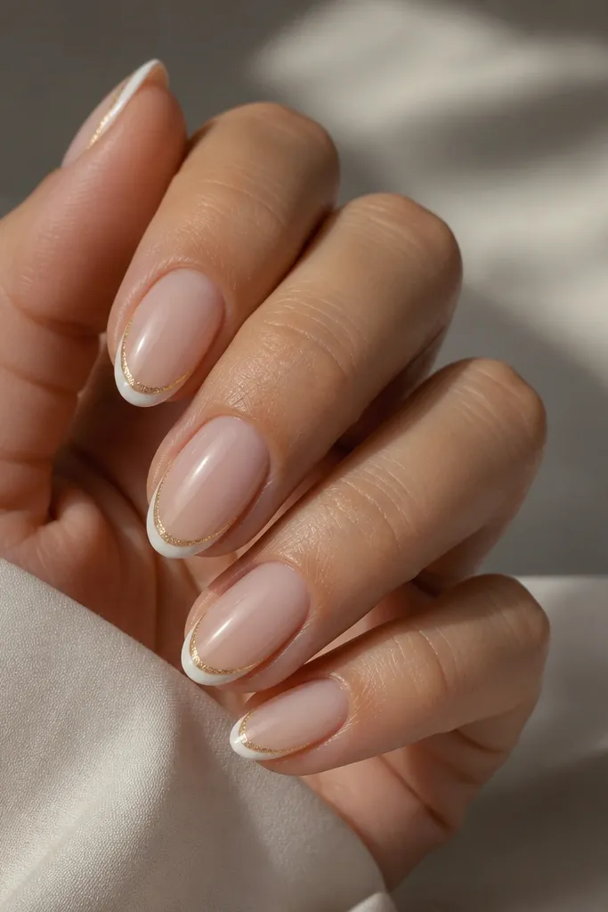 Short almond nails with a sheer nude base. The French tips are very thin bright white arcs. A thin gold foil arc sits right above the white line, catching light like flecks.