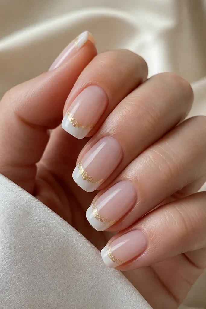 Medium squoval nails painted milky white at the tips only. The rest is a soft milky nude. Gold leaf pieces scatter along the very edge of the tip in a slim band.