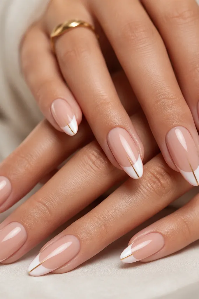 Long almond nails with a glossy nude base. White French tips are smooth and crisp. A single thin gold pinstripe runs down the center of each white tip.