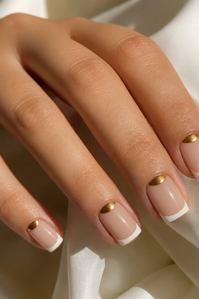 Square-short nails with a nude base. At the cuticle area, a gold chrome half-moon sits. The rest of the tip is a crisp white French curve.
