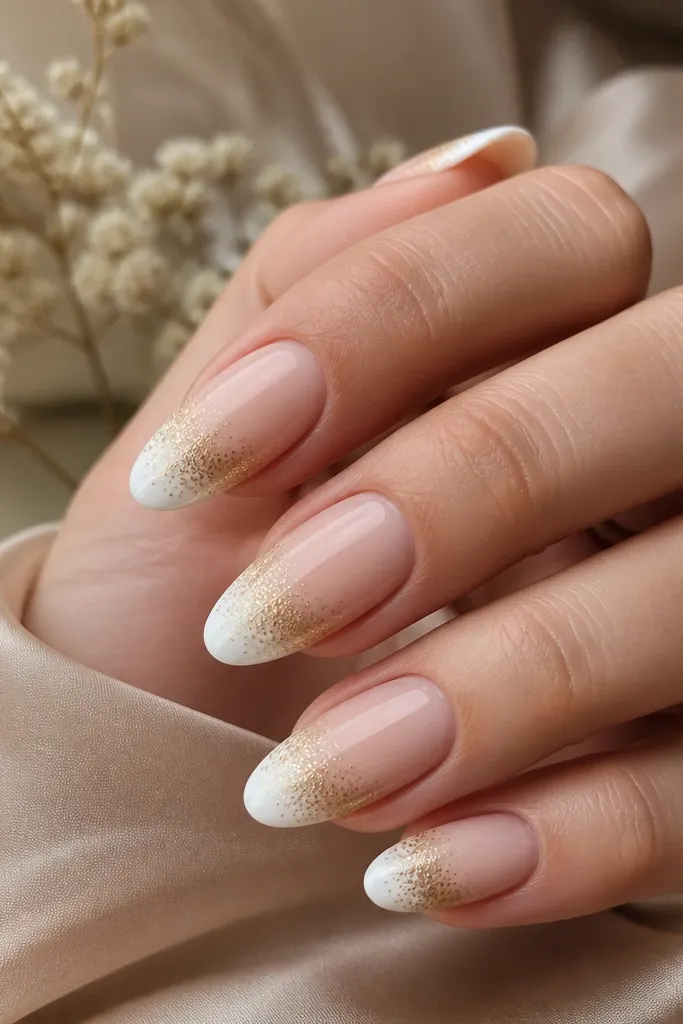 Medium almond nails. Nude base. White French tips with a soft fade at the outer edge - gold glitter transitions from sparse to dense along the tip border.