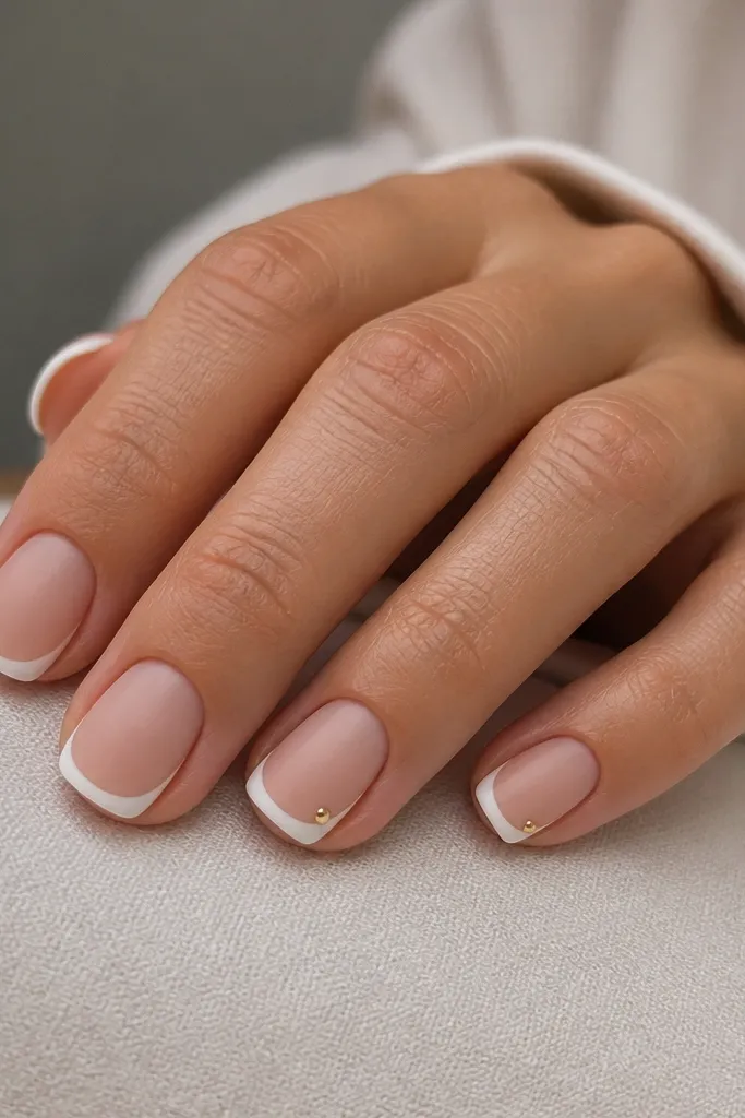 Short squoval nails with a matte nude base. The French tips are glossy bright white. One or two nails have a tiny gold stud near the outer tip corner.