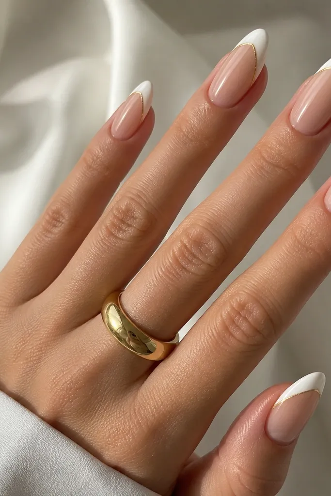 Almond nails with a nude base. The tips are white but the white line wraps slightly up the sides. Thin gold lines run down both sides of the white area.