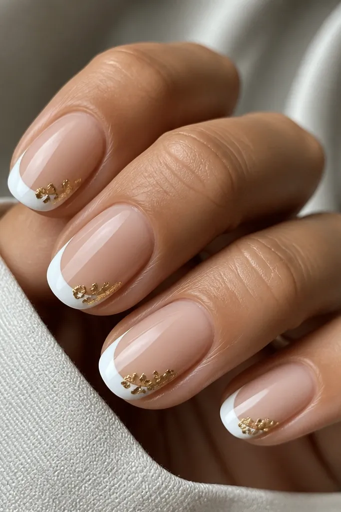 Nude base nails with crisp white French tips. Each nail has a small corner cluster of gold foil confetti at the outer edge of the tip.