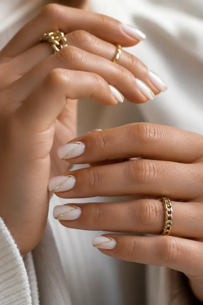 Long oval nails, sheer nude base. White French tips form a clean curve. A gold V shape sits near the center of the white tip, pointing toward the nail bed.