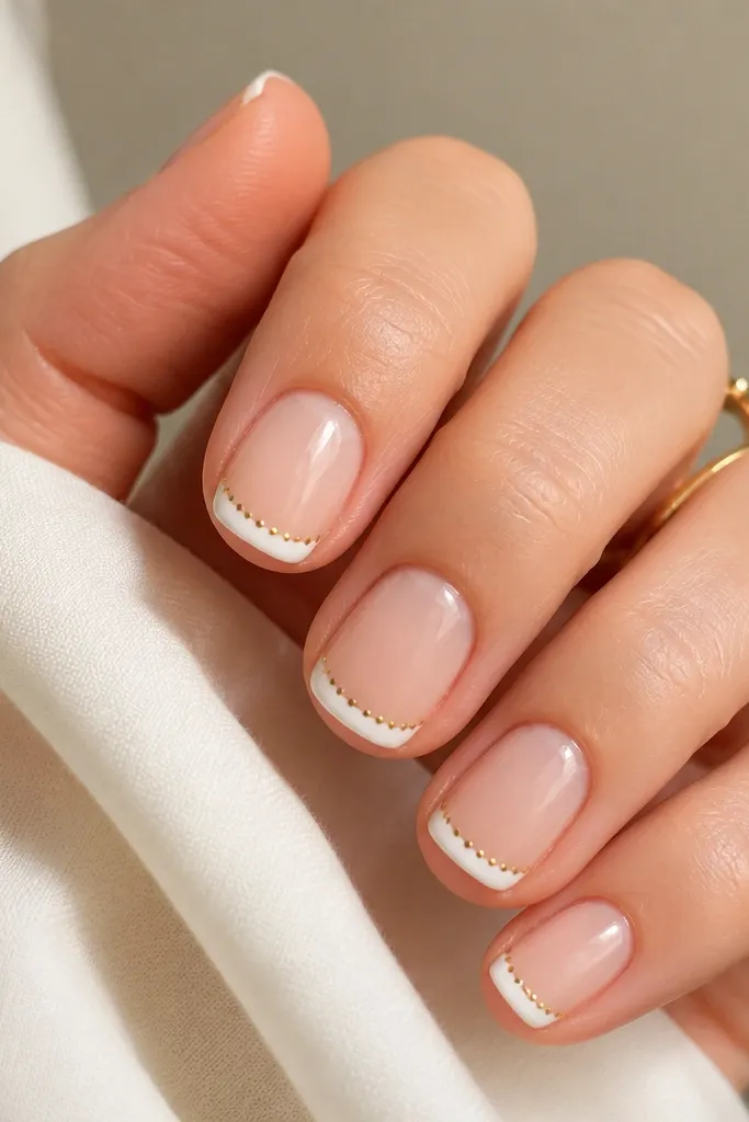 Short square nails with nude base. White French tips. Along the very edge of the white tip is a dotted gold border - small round dots evenly spaced.