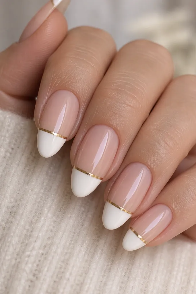 Almond nails with nude base. White French tips are crisp. A single horizontal gold stripe runs across the smile line, slightly below the center of the white tip.