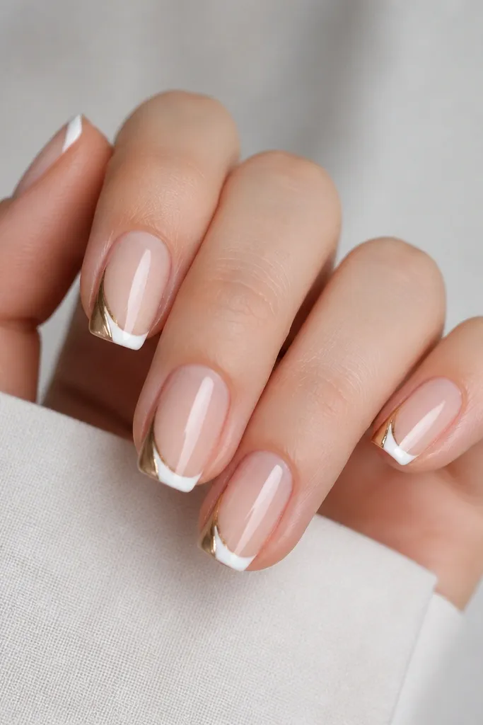 Nude base nails with white French tips. On each nail, gold chrome paint drapes from the outer tip corner down slightly onto one side, leaving the other side clean.