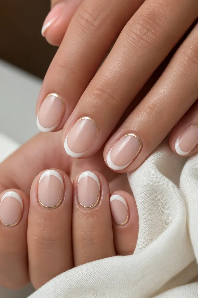 Short oval nails with nude base. White French tips are clean and bright. A thin gold outline ring sits just inside the cuticle on each nail.