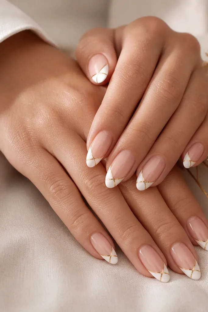 Medium almond nails with nude base. White French tips are crisp. Over the white tip, thin gold lines crisscross in a subtle X pattern near the center.