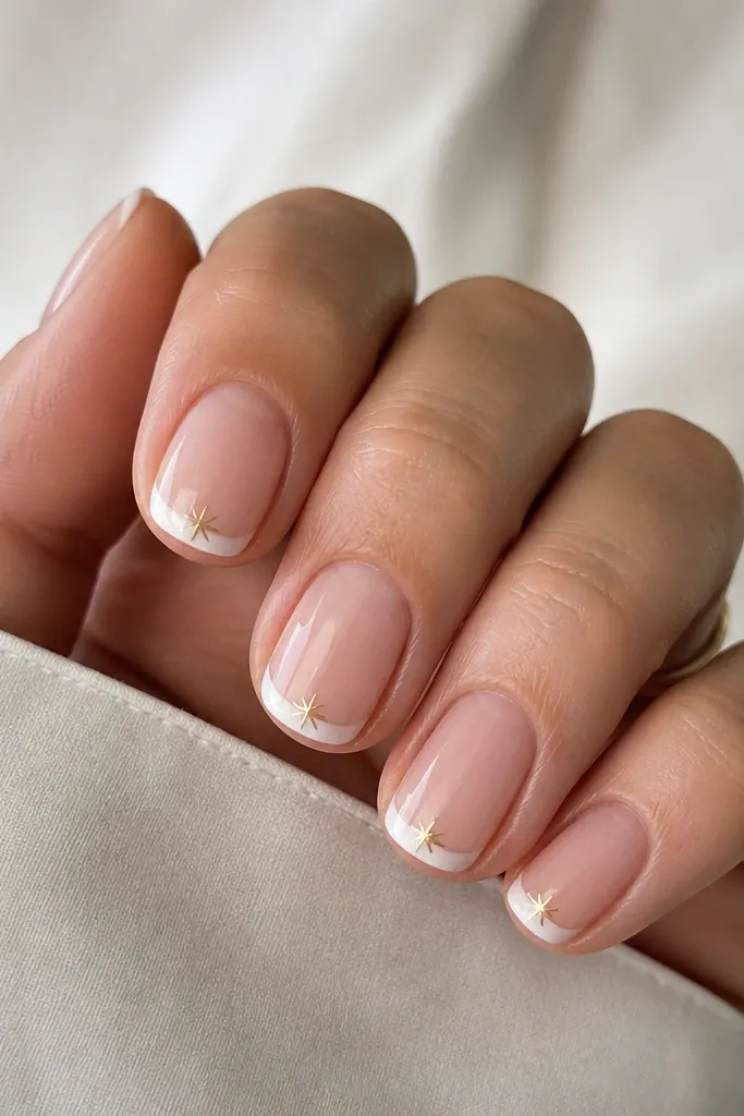 Nude base nails with thin white French tips. On each white tip sits one or two tiny gold star decals or hand-painted micro stars.
