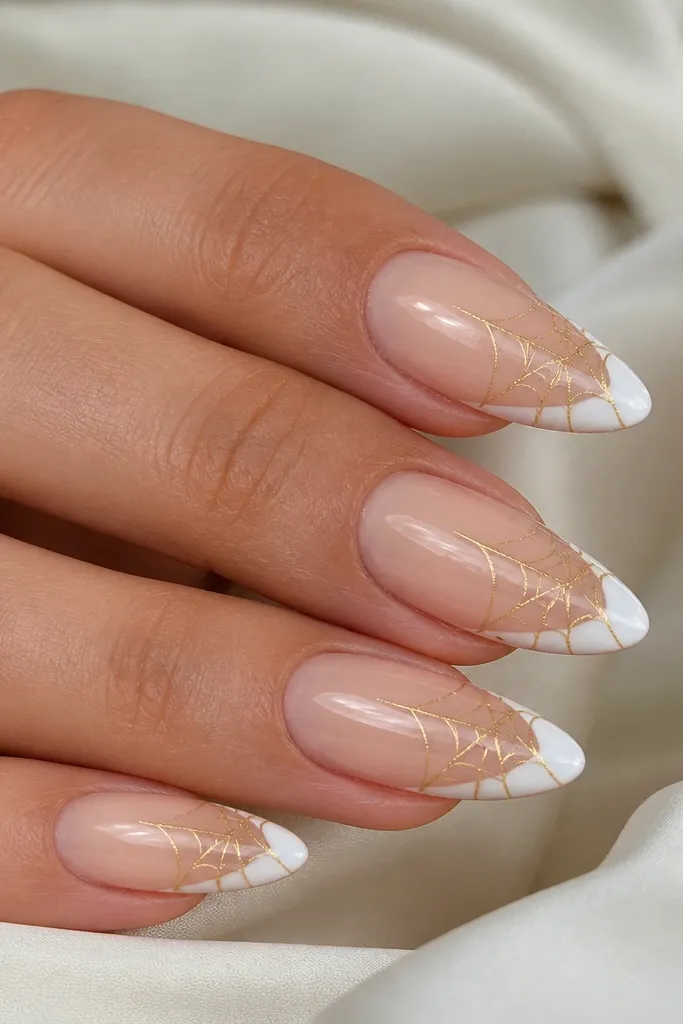 Almond nails with nude base. White French tips are glossy and bright. A delicate gold spider gel web spans from the outer tip toward the center, thin lines only.