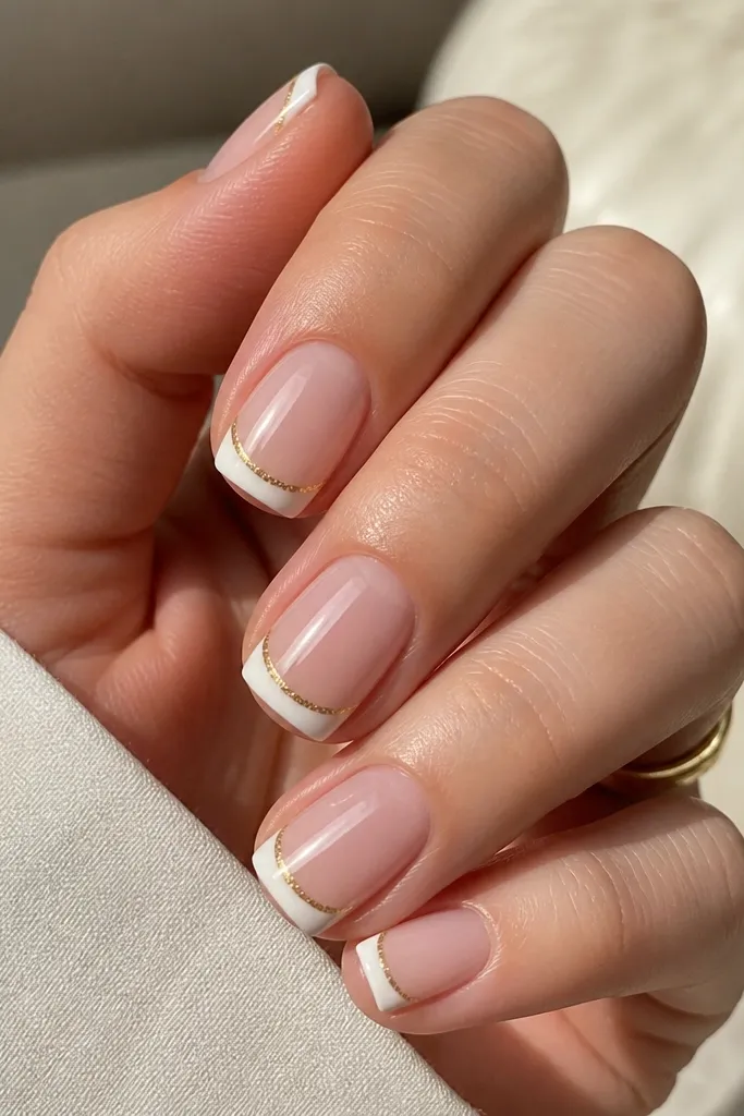 Short squoval nails with a nude base. White French tips are glossy. A thin gold foil layer sits only on the outermost edge of the white tip like a metallic border.