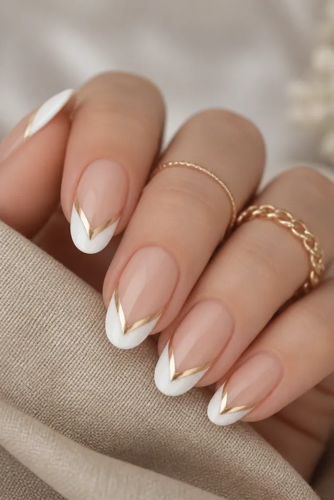 Medium oval nails with nude base. Bright white French tips. A gold chevron outline sits near the outer edge, forming a V shape that points upward into the white.