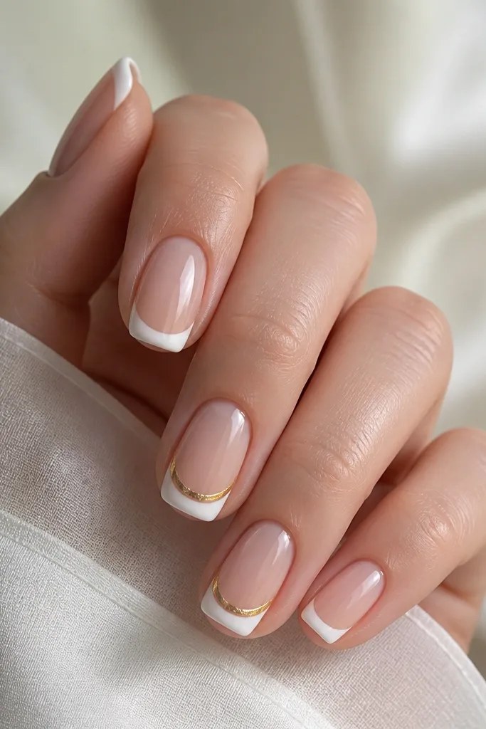 Nude base nails with classic white French tips. On two accent nails, a gold halo ring sits around the smile line like a partial circle.