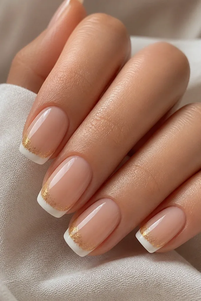 Nails with nude base. White French tips have a glossy finish. On the outer half of each white tip, a semi-transparent gold glaze fades outward, like melted gold.