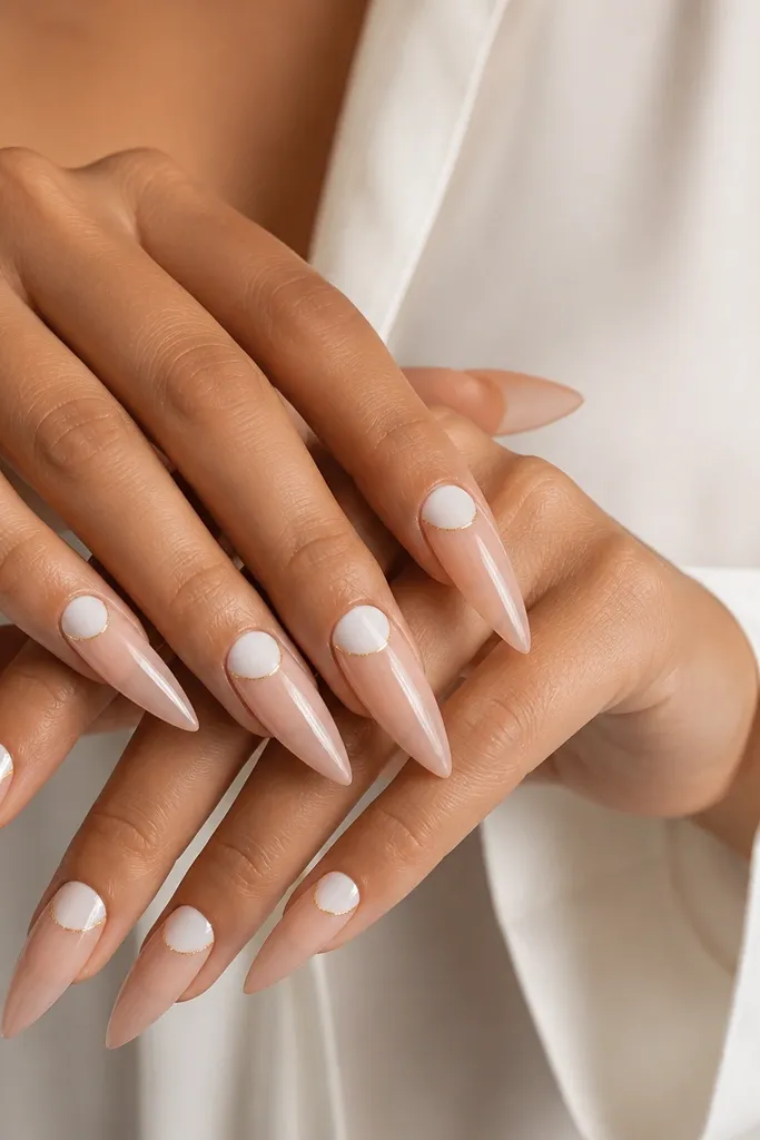Stiletto nails with a milky white half-moon near the cuticle. The half-moon is outlined with a thin gold line, while the rest of the nail is sheer nude with glossy finish.