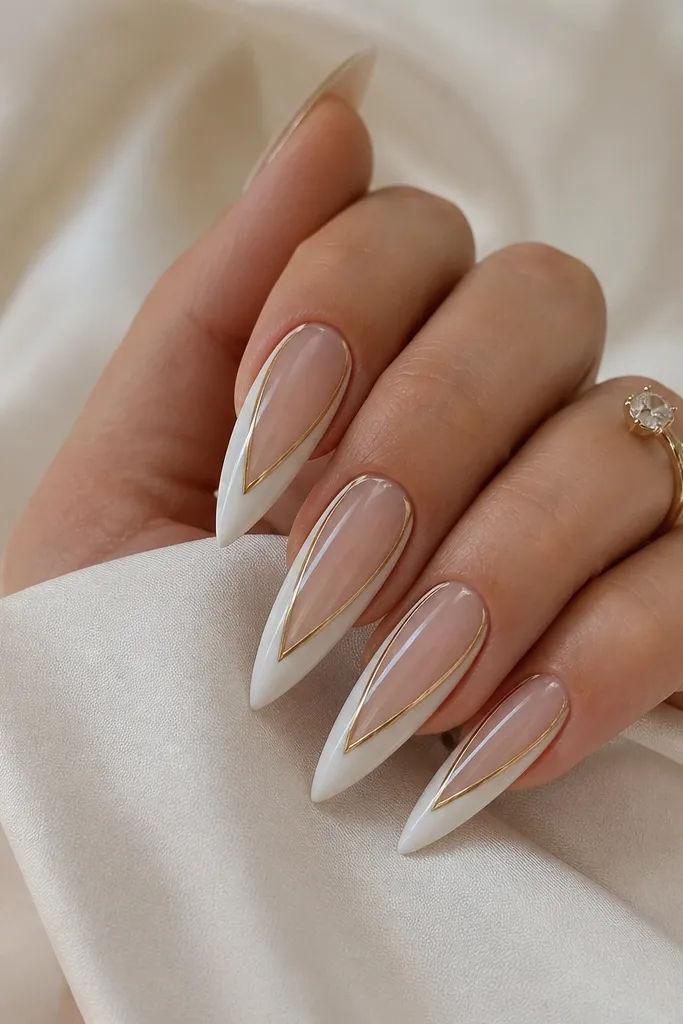Stiletto nails with a glossy white border. The center is sheer nude negative space shaped like a vertical panel, framed by thin gold lines on both sides.