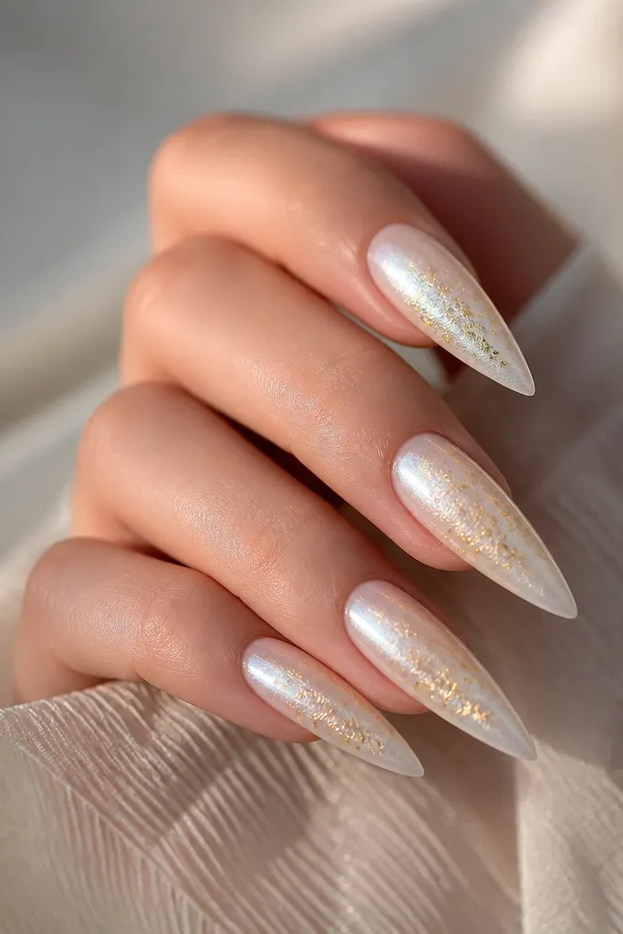 Pearlized white stiletto nails with a soft shimmer. Gold flakes are sprayed and scattered in a loose splash pattern mainly around the center and lower half.