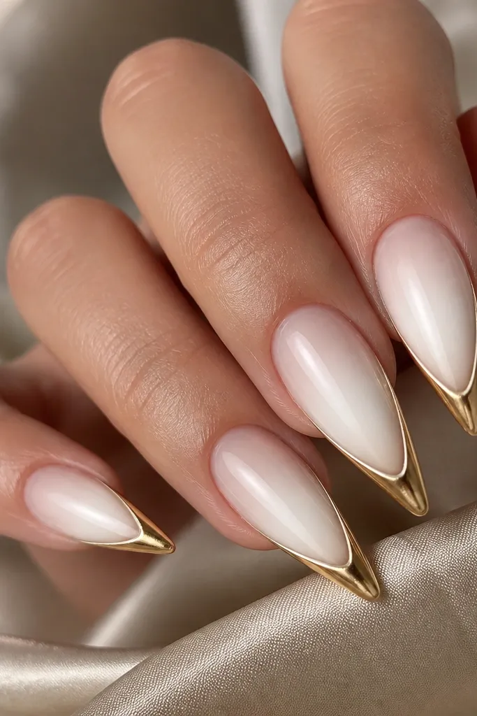 Stiletto nails with a smooth white-to-clear ombre. The very tip is capped with glossy gold gel, forming a curved gold edge like a French tip twist.