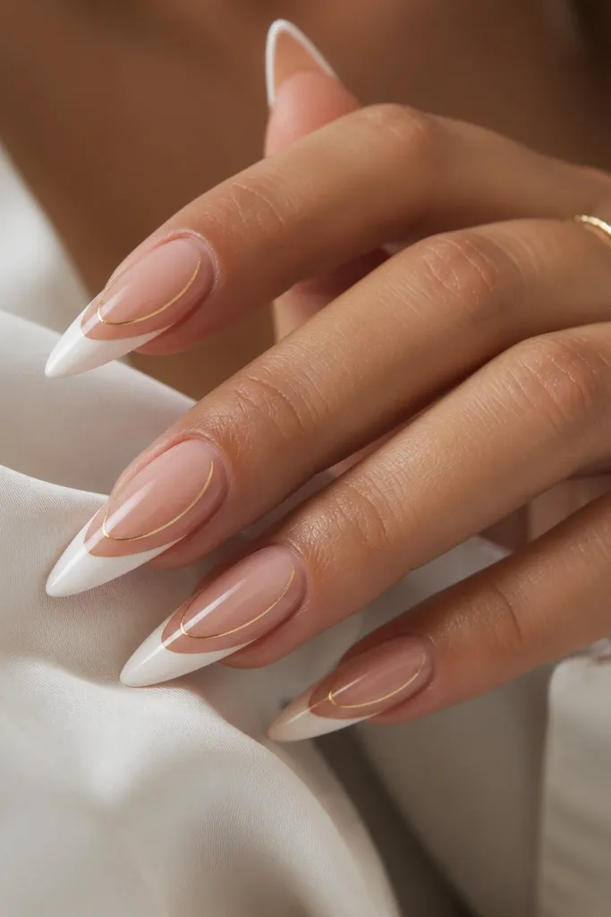 Stiletto nails with a classic white French tip. A thin gold "wire" line wraps from one side of the tip toward the center and stops before the nail bed.