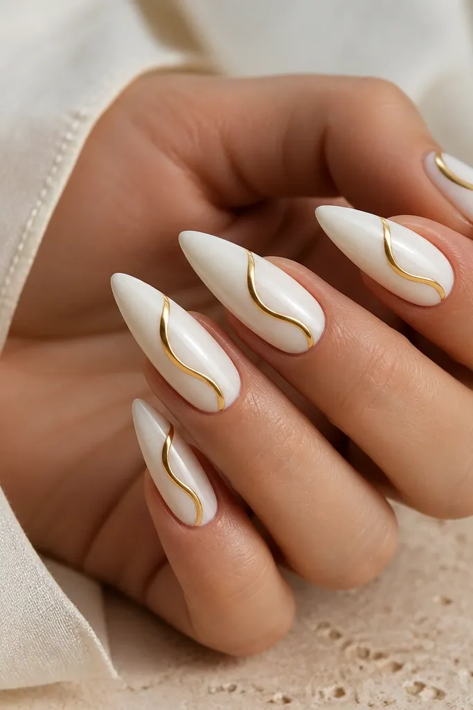 White glossy stiletto nails with a single gold swirl that curls from the side near the cuticle down toward the tip. The swirl has a metallic shine and a clean, smooth curve.