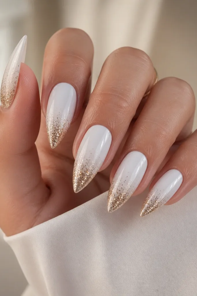 Glossy white stiletto nails where the top half is solid white and the lower half has sparse gold confetti glitter. The confetti is denser at the tip and fades upward.