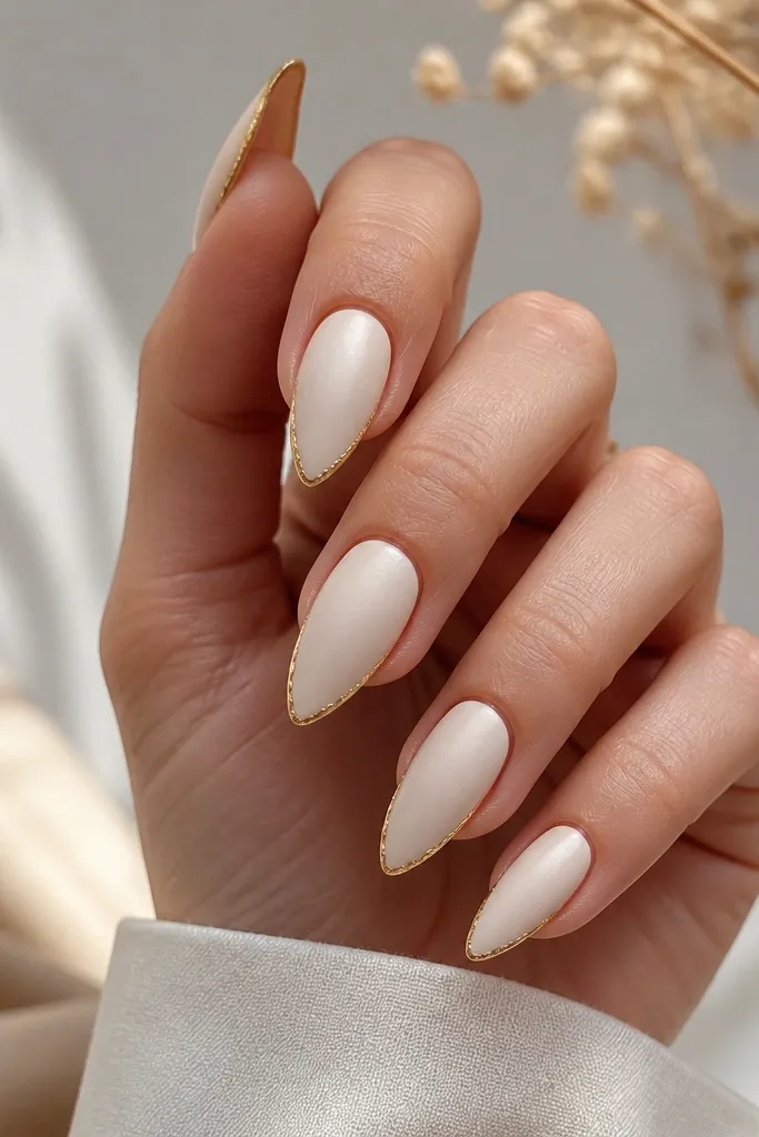 Matte off-white stiletto nails with a soft velvety finish. Gold leaf is placed only along the outer edge of each nail, forming a thin glowing border.