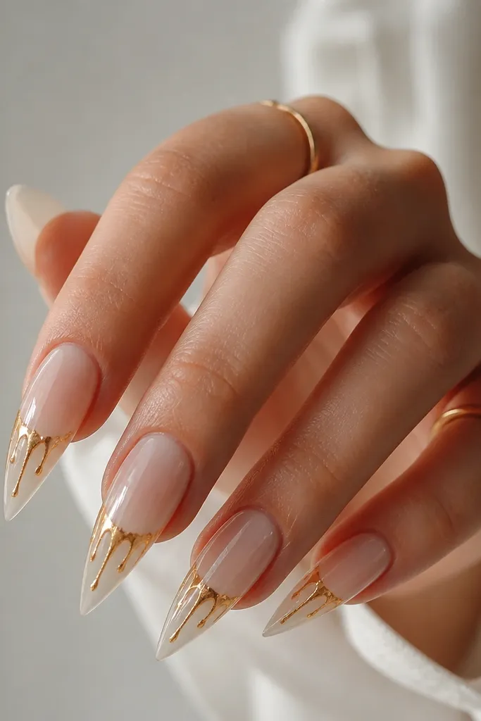 Translucent white jelly stiletto nails with a glossy finish. Gold drip lines hang from the tip area downward in thin strands, ending around the lower third.