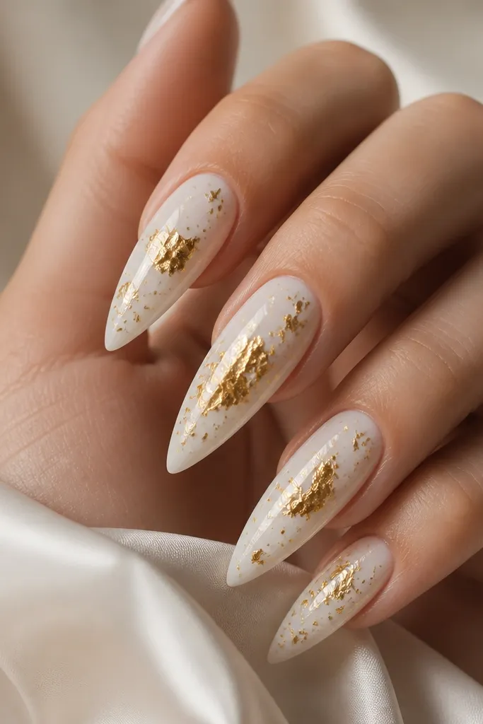 White glossy stiletto nails with scattered gold confetti pieces and a few larger foil fragments. The foil sits mostly near the center while confetti spreads toward the tip.