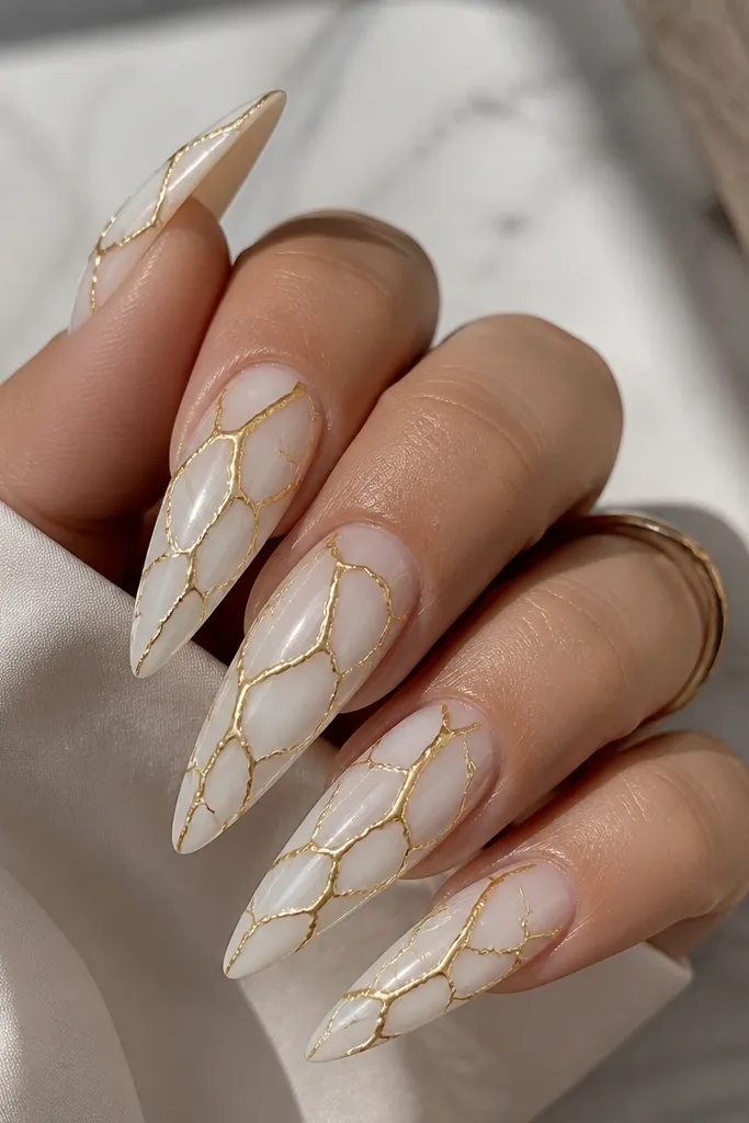 Long white stiletto nails with a glossy, clear glass top. Under the shine, thin gold bar lines run across the nail like fractured metal, forming crackle patterns. The white base looks milky and smooth, with a few gold bars that catch light at the edges for a sharp, dramatic sparkle.